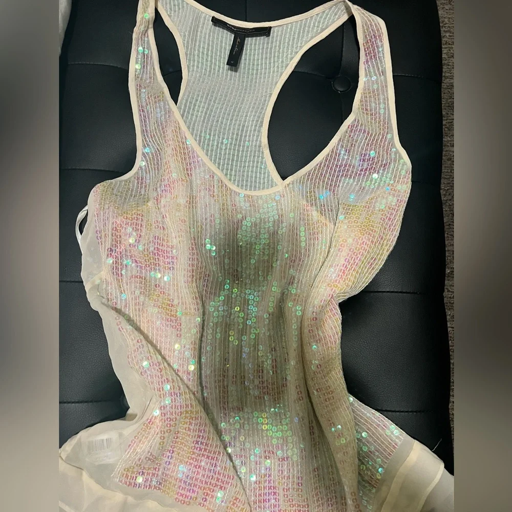 BCBG Sparkly Pink White Top Medium Y2K Glam Minimalist - Picture 2 of 4